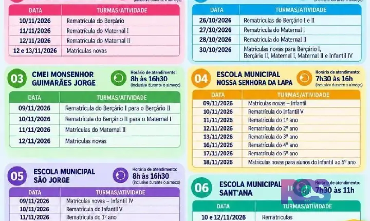 A Secretaria Municipal de Educação, Cultura e Esporte de São Jorge D’Oeste divulgou o calendário de matrículas e rematrículas