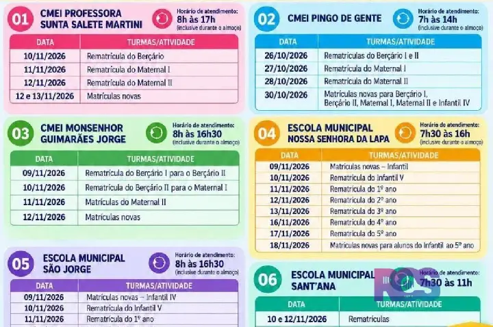 A Secretaria Municipal de Educação, Cultura e Esporte de São Jorge D’Oeste divulgou o calendário de matrículas e rematrículas