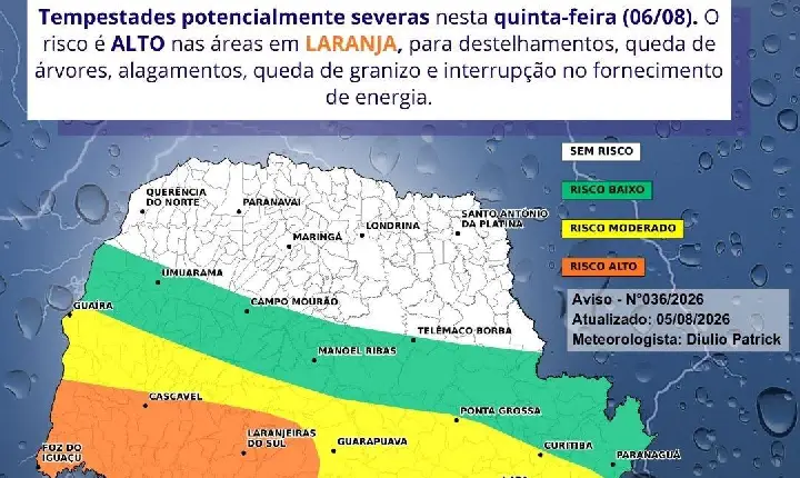Alerta: Ciclone extratropical e frente fria trazem risco de temporais e ventos fortes no Paraná
