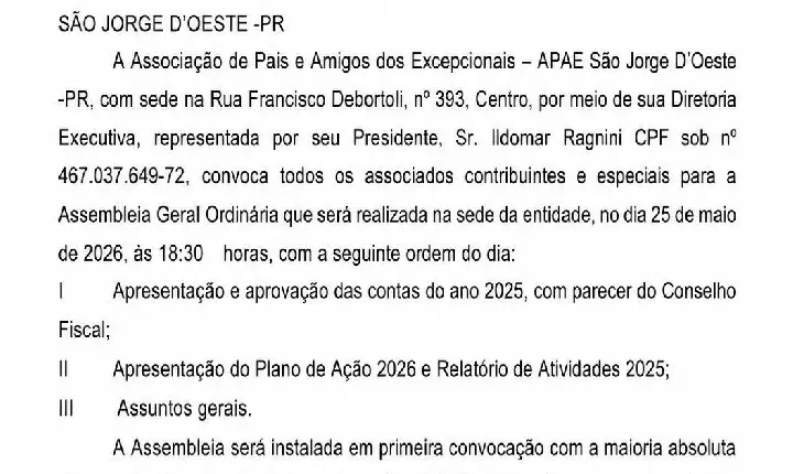 APAE de São Jorge D’Oeste realiza Assembleia Geral Ordinária nesta segunda-feira