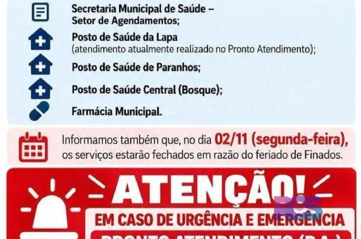 AVISO IMPORTANTE – FUNCIONAMENTO DOS SERVIÇOS DE SAÚDE EM SÃO JORGE D’OESTE
