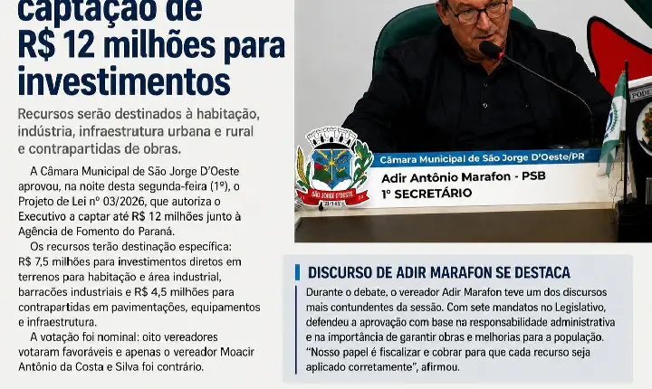 Câmara aprova captação de recursos para investimentos em São Jorge D’Oeste; experiência de Adir Marafon marca debate