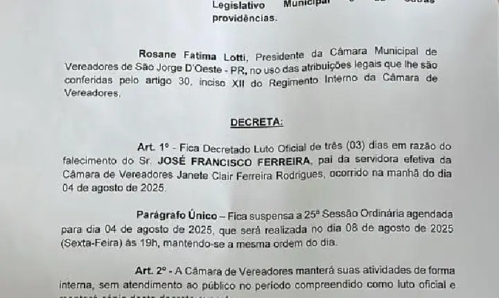 Câmara de São Jorge D’Oeste decreta luto oficial e adia sessão ordinária após falecimento do pai de servidora