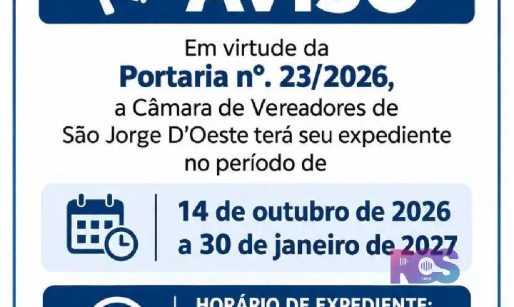 Câmara de Vereadores de São Jorge D’Oeste terá horário especial de expediente até janeiro de 2027