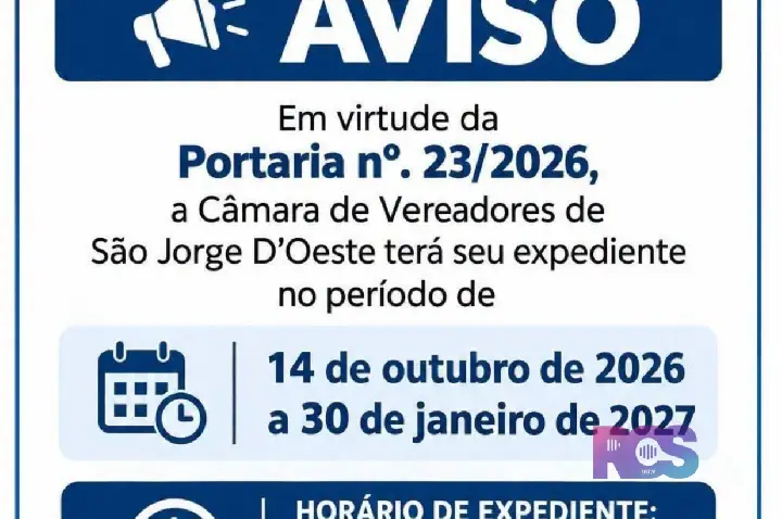 Câmara de Vereadores de São Jorge D’Oeste terá horário especial de expediente até janeiro de 2027