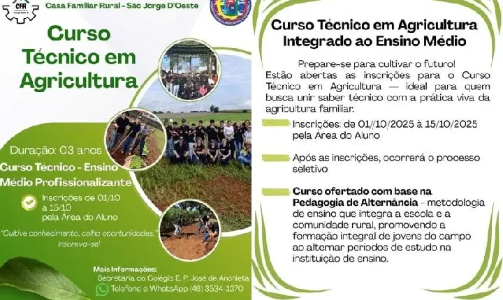 Colégio Estadual Padre José de Anchieta abre inscrições para Curso Técnico em Agricultura Integrado ao Ensino Médio