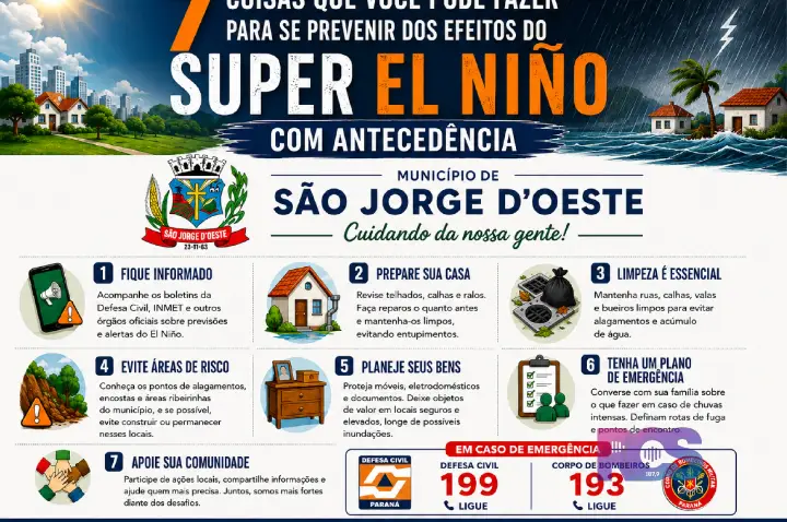 Defesa Civil de São Jorge D’Oeste orienta população sobre medidas preventivas diante de períodos de chuva intens