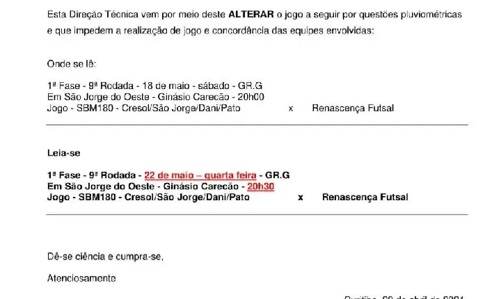 Departamento Municipal de Esportes de São Jorge D'Oeste informa: Rodada do Campeonato Municipal de Futebol de Campo mantida, Série Bronze cancelada
