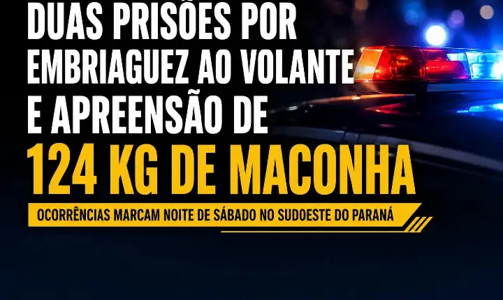 Duas prisões por embriaguez ao volante e apreensão de 124 quilos de maconha marcam noite de ocorrências no Sudoeste