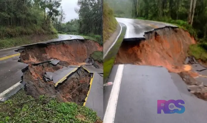Erosão faz asfalto 'desabar' e deixa cidade do Paraná isolada