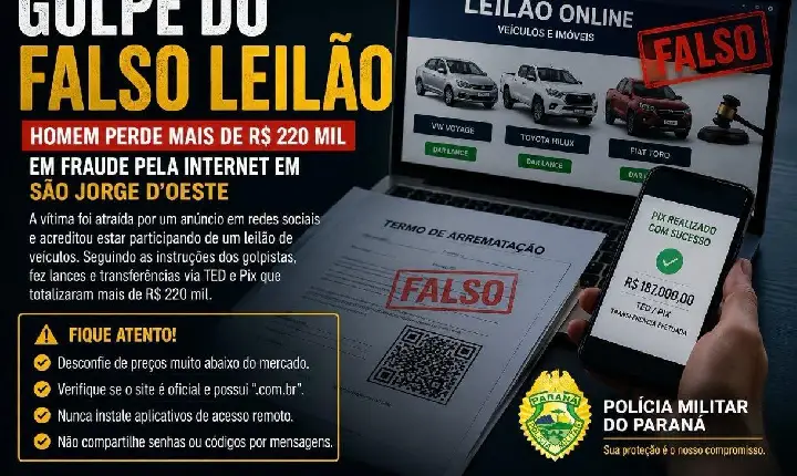 Homem perde mais de R$ 220 mil em golpe do falso leilão em São Jorge D'Oeste