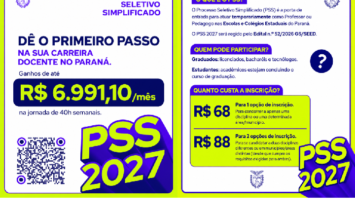 Inscrições para PSS de professores e pedagogos da rede estadual seguem abertas para 2027