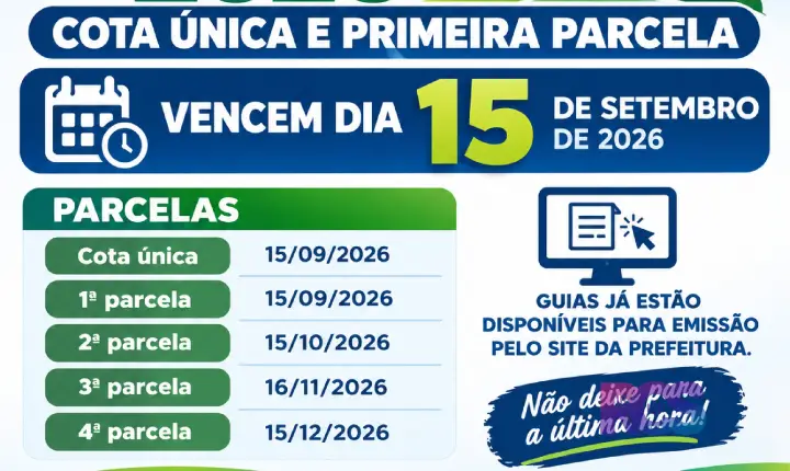IPTU 2026: cota única e primeira parcela vencem dia 15 em São Jorge D’Oeste
