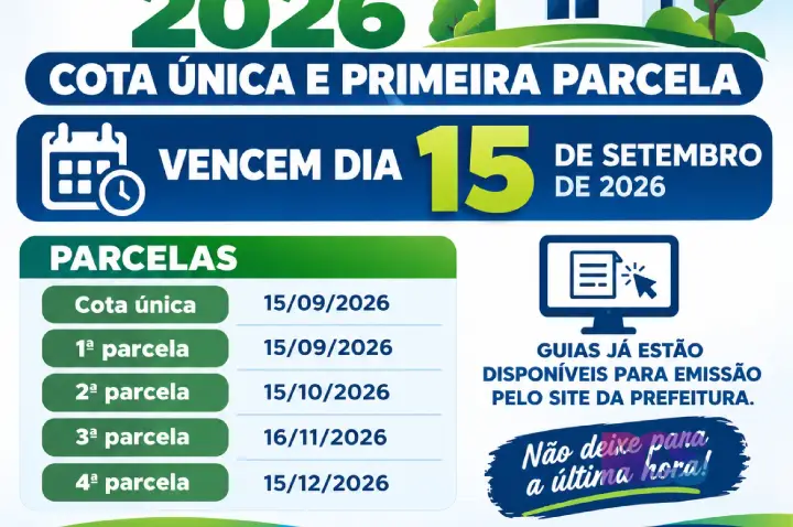 IPTU 2026: cota única e primeira parcela vencem dia 15 em São Jorge D’Oeste