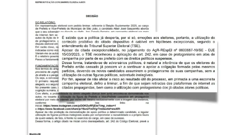 Justiça Eleitoral manda retirar postagens com ex-prefeito e ex-vice-prefeito cassados, em campanha de São João