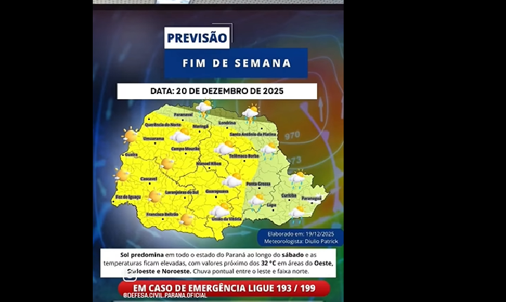 Paraná terá fim de semana de sol forte e chuva localizada; litoral pode registrar temperaturas extremas na véspera do Natal