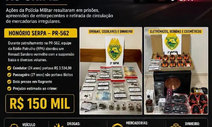 PM apreende drogas e mercadorias de descaminho e causa prejuízo estimado de R$ 150 mil ao crime no Sudoeste do Paraná