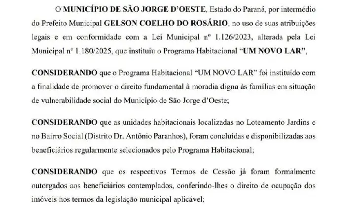 Prefeitura de São Jorge D’Oeste notifica beneficiários do programa “Um Novo Lar” para ocupação de moradias