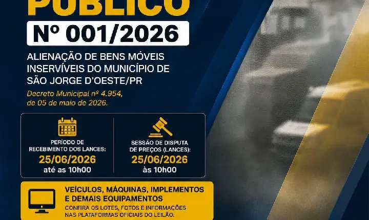 Prefeitura de São Jorge D’Oeste realiza leilão on-line de veículos, máquinas e equipamentos no dia 25 de junho
