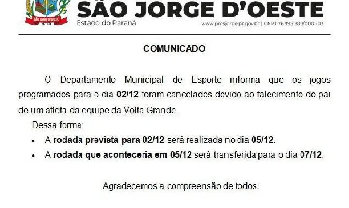 São Jorge D’Oeste cancela rodada esportiva em solidariedade à família de atleta da Volta Grande