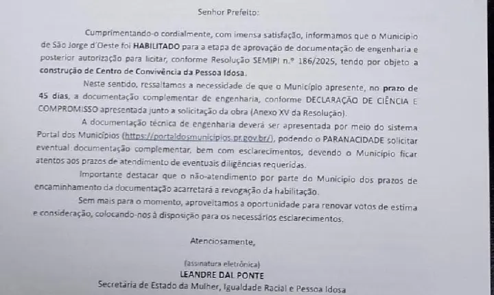 São Jorge d’Oeste é habilitado para construção de Centro de Convivência da Pessoa Idosa