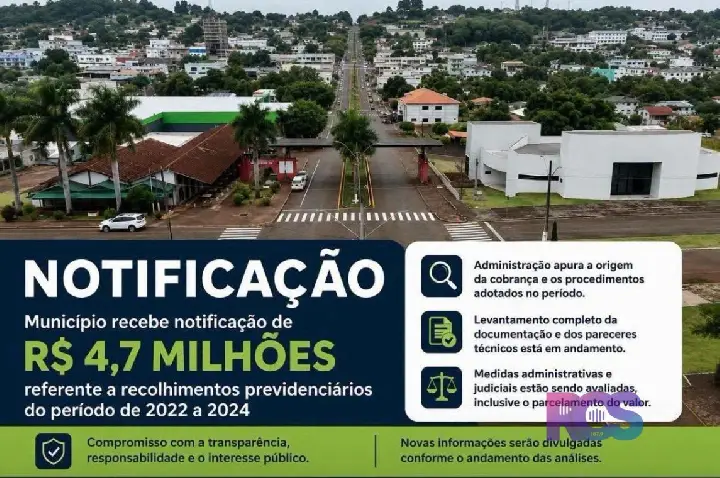São Jorge D’Oeste recebe cobrança previdenciária de R$ 4,7 milhões referente a recolhimentos do período de 2022 a 2024