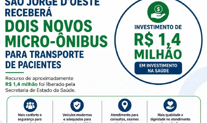 São Jorge D'Oeste receberá R$ 1,4 milhão para aquisição de dois novos micro-ônibus da saúde