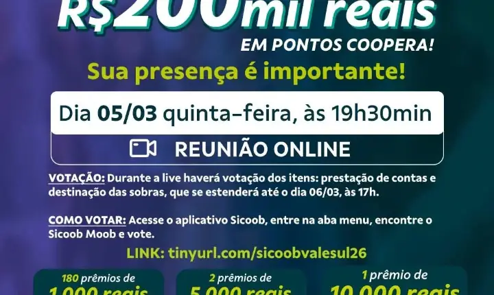 Sicoob Vale Sul realiza hoje Pré-Assembleia 2026 com sorteio de R$ 200 mil em prêmios