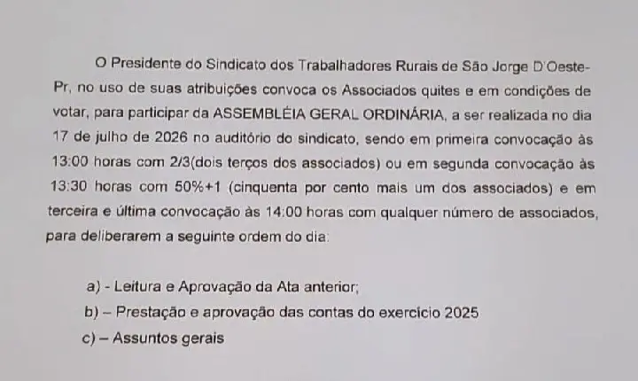 Sindicato dos Trabalhadores Rurais convoca associados para Assembleia Geral Ordinária