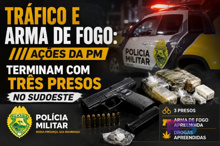 Tráfico e arma de fogo: ações da PM terminam com três presos no Sudoeste