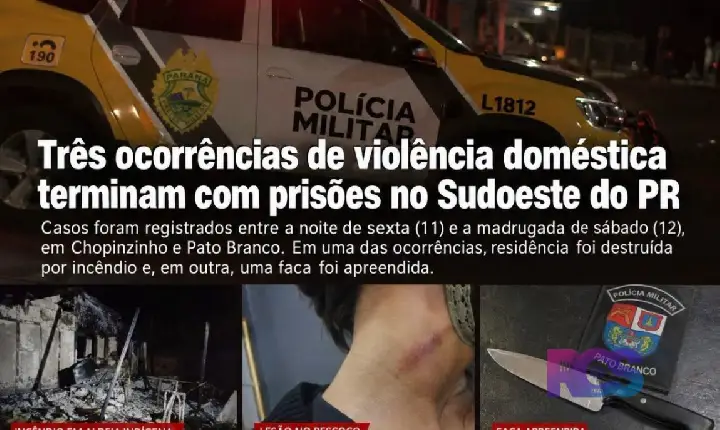 Três ocorrências de violência doméstica terminam com prisões durante a noite em Chopinzinho e Pato Branco
