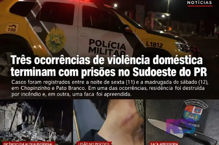 Três ocorrências de violência doméstica terminam com prisões durante a noite em Chopinzinho e Pato Branco