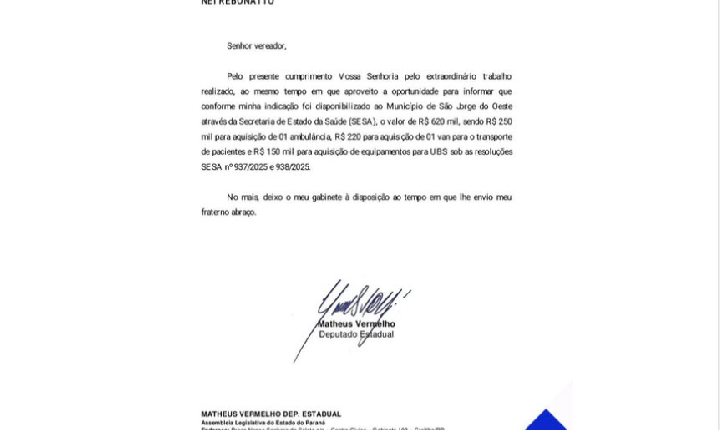 Vereador Odinei Rebonato confirma liberação de R$ 620 mil para saúde de São Jorge D’Oeste, incluindo ambulância, van e equipamentos