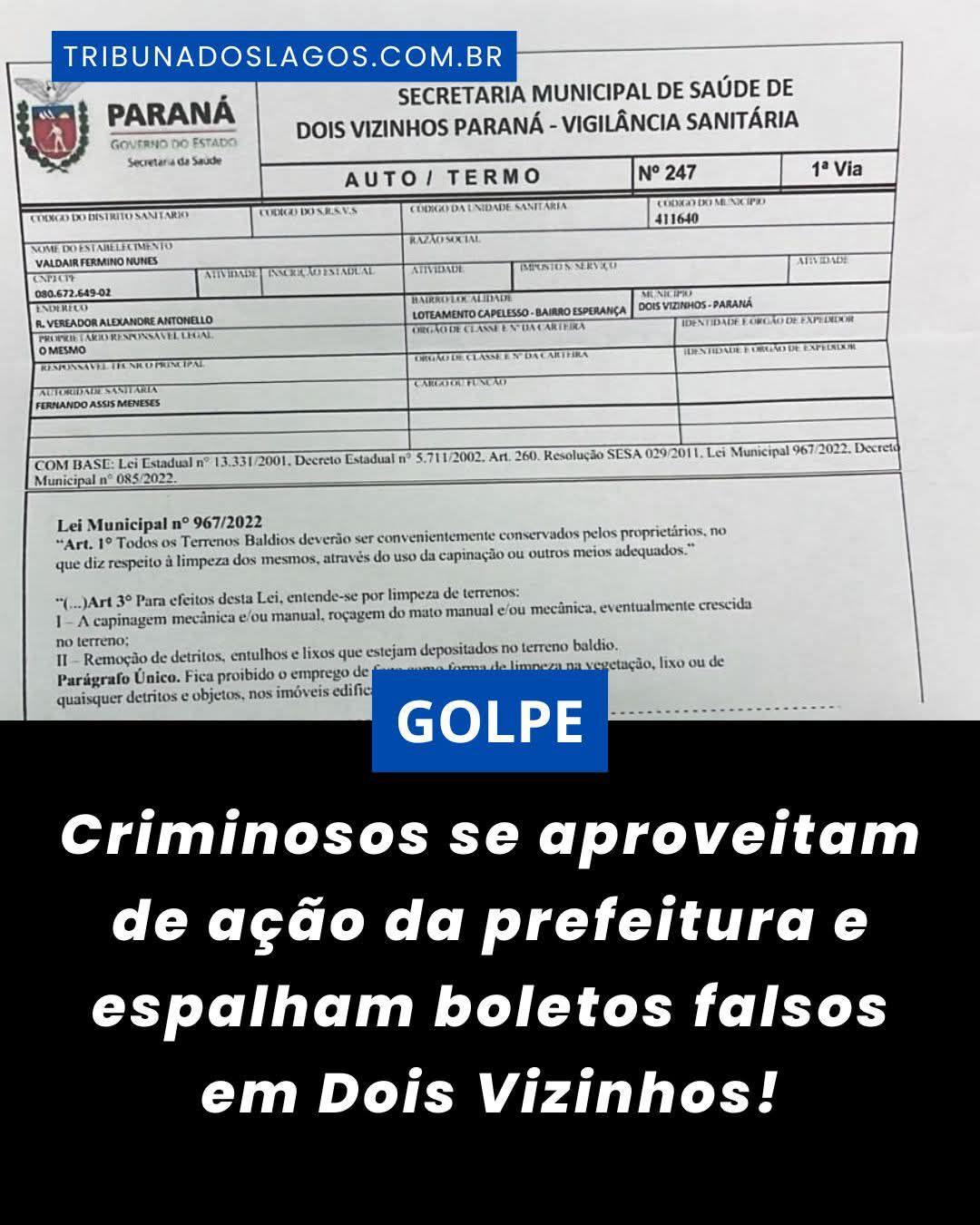 Golpistas usam ação da Prefeitura para aplicar boletos falsos em Dois Vizinhos