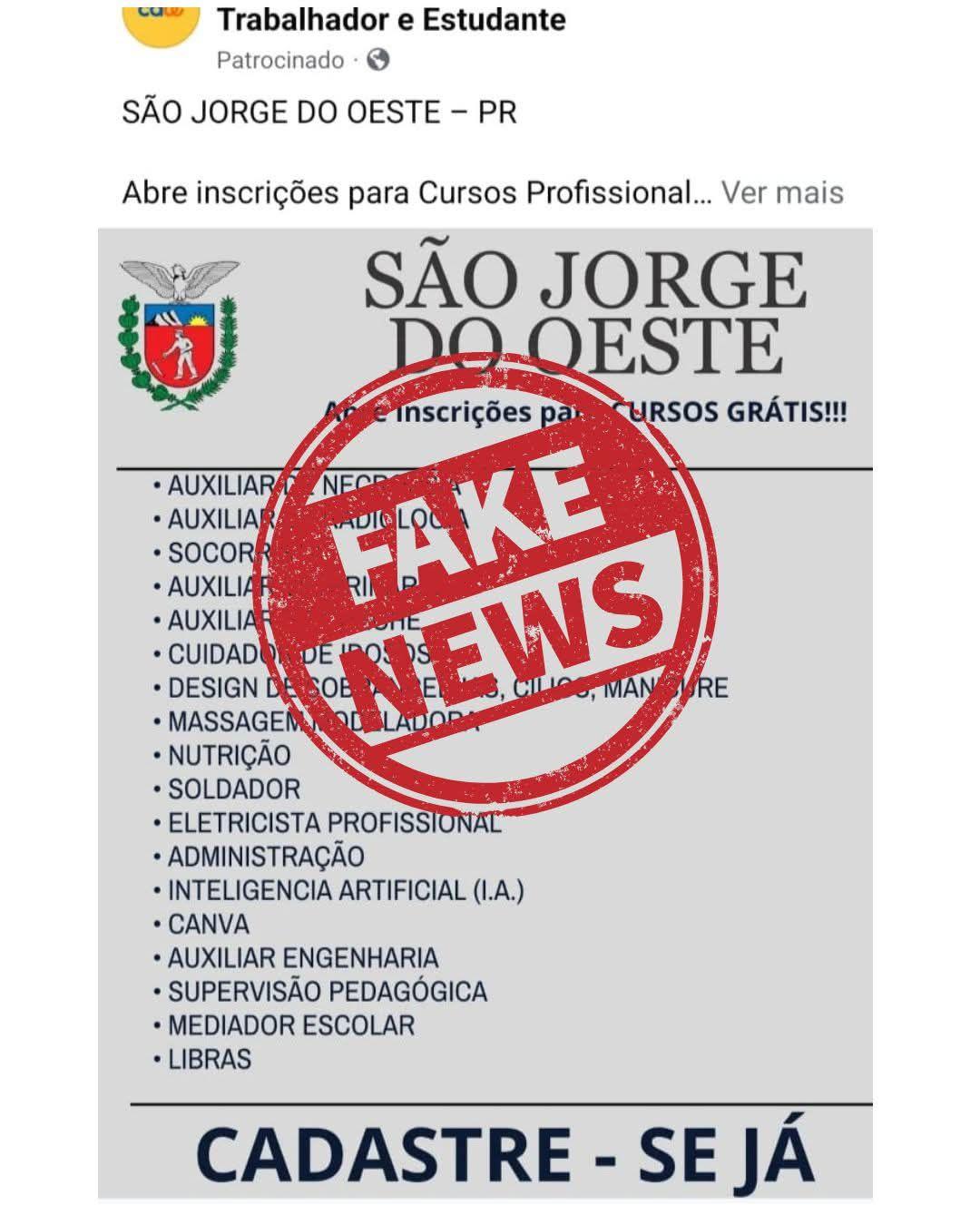 Prefeitura de São Jorge D’Oeste alerta população sobre golpe envolvendo falsos cursos gratuitos