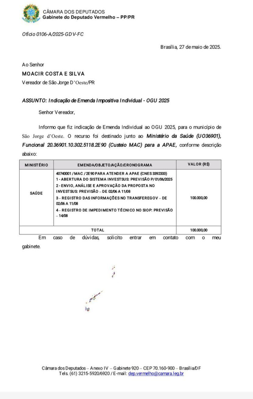 São Jorge D’Oeste é contemplado com R$ 100 mil por emenda do deputado Vermelho para custeio da APAE
