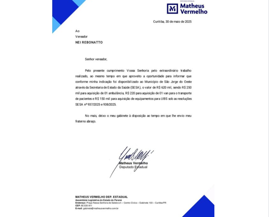 Vereador Odinei Rebonato confirma liberação de R$ 620 mil para saúde de São Jorge D’Oeste, incluindo ambulância, van e equipamentos