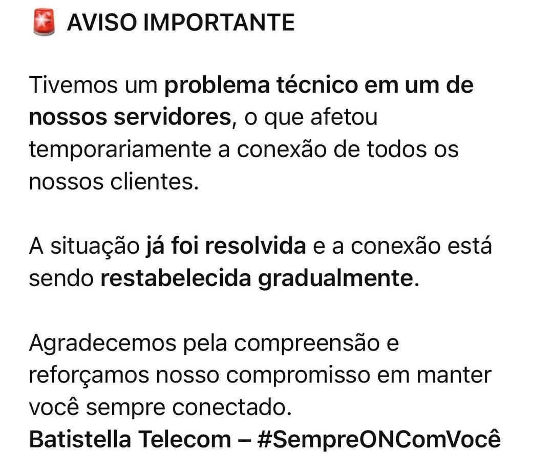 Batistella Telecom normaliza serviços após instabilidade em servidor