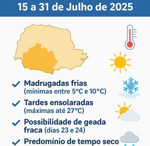 Sudoeste do Paraná terá semana de sol, madrugadas frias e tendência de geadas pontuais