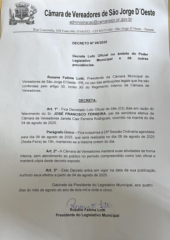Câmara de São Jorge D’Oeste decreta luto oficial e adia sessão ordinária após falecimento do pai de servidora