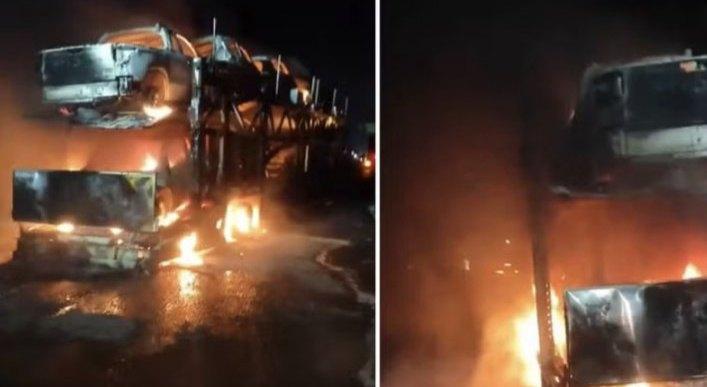 Incêndio destrói caminhão-cegonha e carros na BR-101