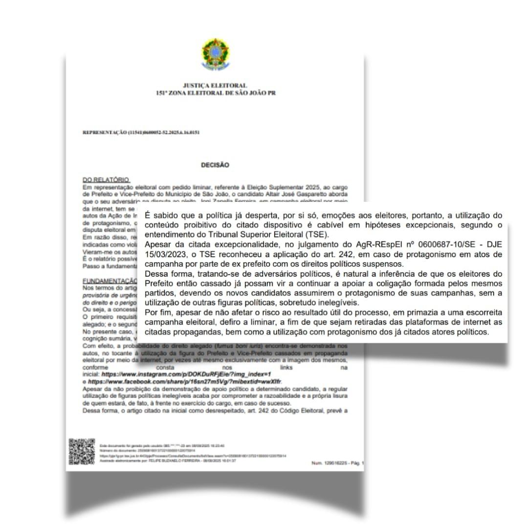 Justiça Eleitoral manda retirar postagens com ex-prefeito e ex-vice-prefeito cassados, em campanha de São João