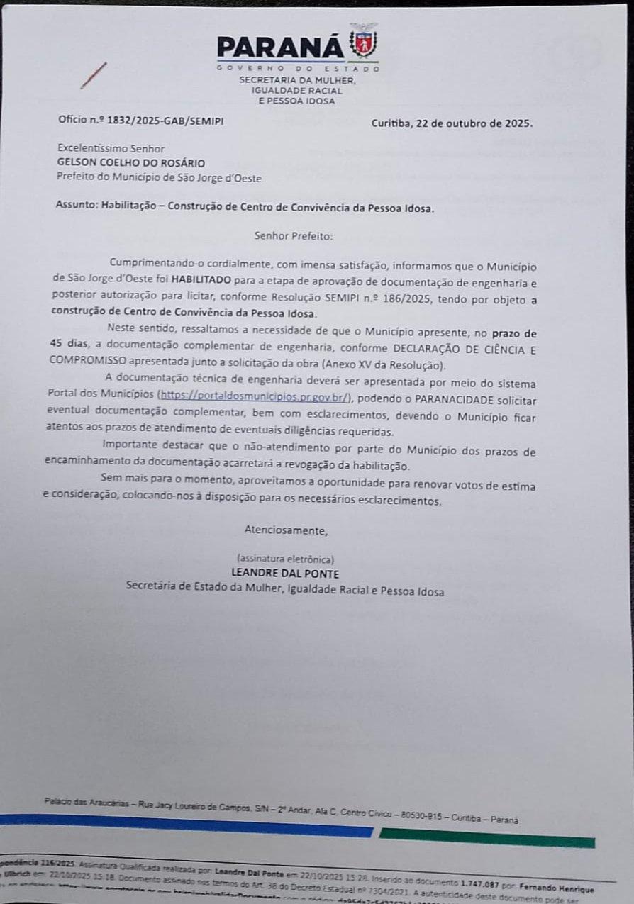 São Jorge d’Oeste é habilitado para construção de Centro de Convivência da Pessoa Idosa