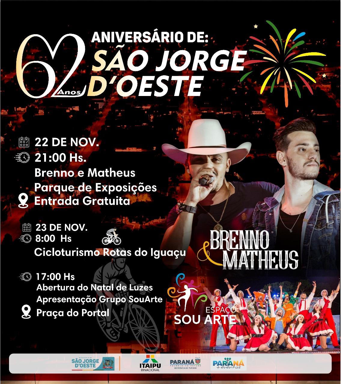São Jorge D’Oeste comemora 62 anos com shows, cicloturismo e abertura do Natal de Luzes