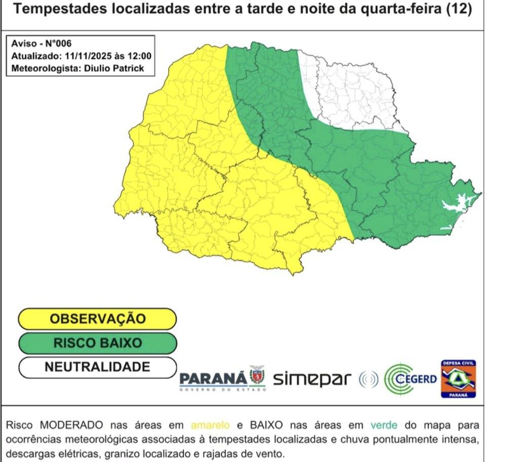 Simepar alerta para temporais localizados no Paraná nesta Quarta-Feira (12)