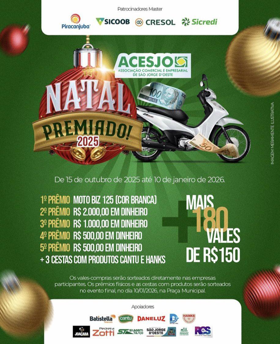 Comércio de São Jorge D’Oeste realiza série de sorteios do Natal Premiado 2025 e movimenta clientes às vésperas das festas
