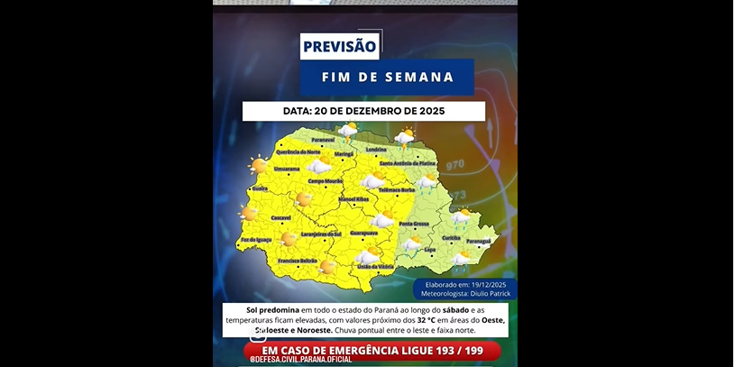 Paraná terá fim de semana de sol forte e chuva localizada; litoral pode registrar temperaturas extremas na véspera do Natal