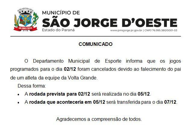 São Jorge D’Oeste cancela rodada esportiva em solidariedade à família de atleta da Volta Grande