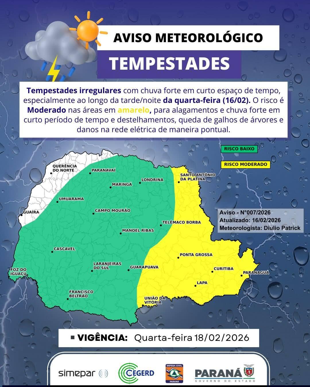 Boletim aponta calor forte e chance de temporais no Paraná