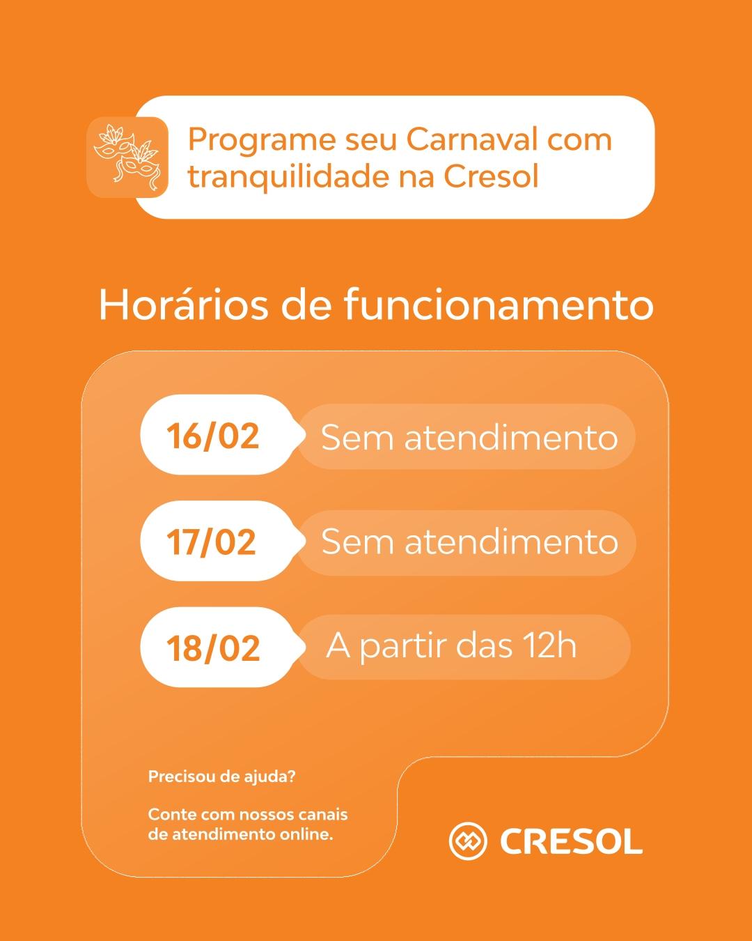 Cresol Liderança - horários de funcionamento durante o período de Carnaval 2026.